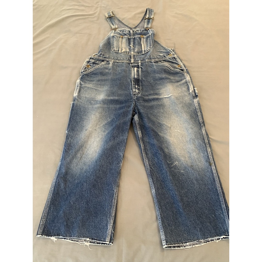 Bib Overalls Mens 38x21 Blue Denim Utility Workwear Distressed Clown Halloween